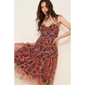 Anthropologie Pink Floral Tiered Maxi Dress